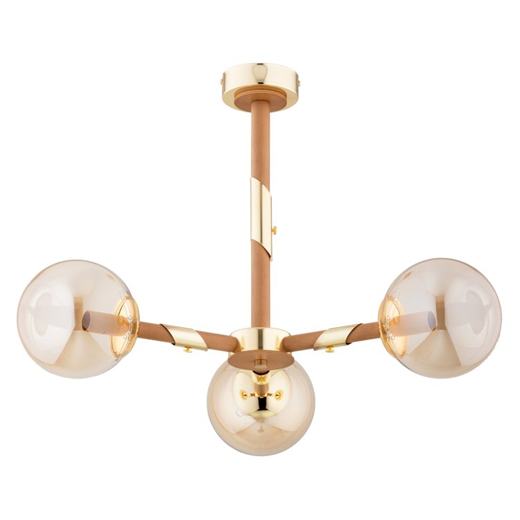 GELIA ZŁOTA & DREWNIANA 3xE14 Alfa Lampa Sufitowa